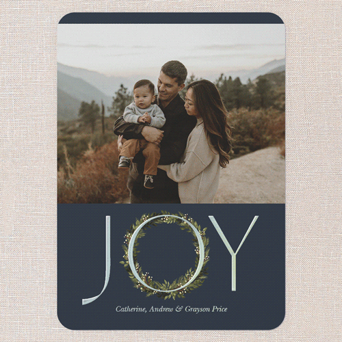 Wreathful Joy Holiday Card, Blue, Iridescent Foil, 5x7, Holiday, Matte, Personalized Foil Cardstock, Rounded, Cobalt