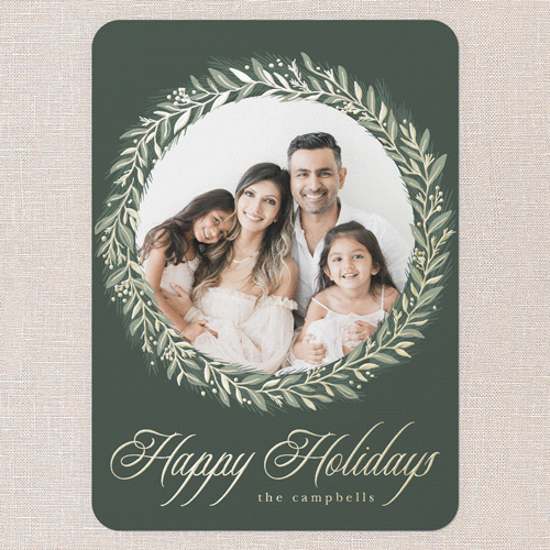 Timeless Wreath Holiday Card, Green, Gold Foil, 5x7, Holiday, Matte, Personalized Foil Cardstock, Rounded, Tree