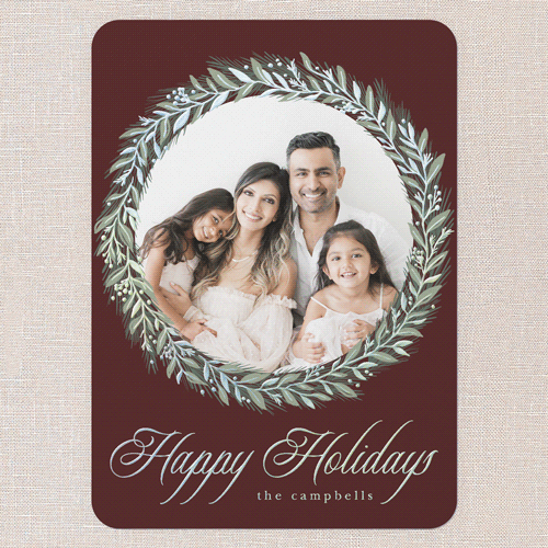 Timeless Wreath Holiday Card, Iridescent Foil, Red, 5x7, Holiday, Matte, Personalized Foil Cardstock, Rounded, Velvet