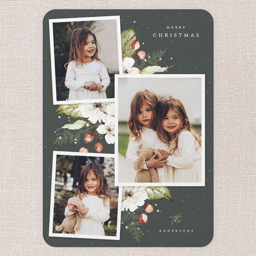 Winter Floral Frame Holiday Card, Gold Foil, Green, 5x7, Christmas, Matte, Personalized Foil Cardstock, Rounded, Forest