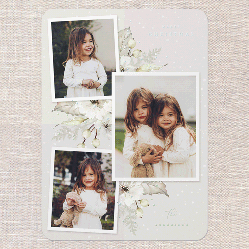 Winter Floral Frame Holiday Card, Iridescent Foil, Grey, 5x7, Christmas, Matte, Personalized Foil Cardstock, Rounded, Whisper Gray