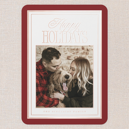 Refined Border Holiday Card, Red, Rose Gold Foil, 5x7, Holiday, Matte, Personalized Foil Cardstock, Rounded, Red