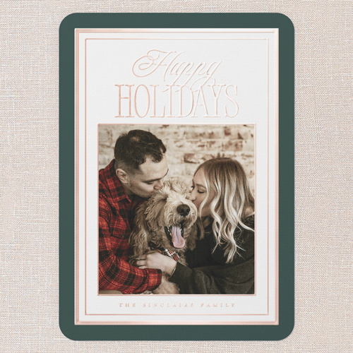 Refined Border Holiday Card, Green, Rose Gold Foil, 5x7, Holiday, Matte, Personalized Foil Cardstock, Rounded, Green