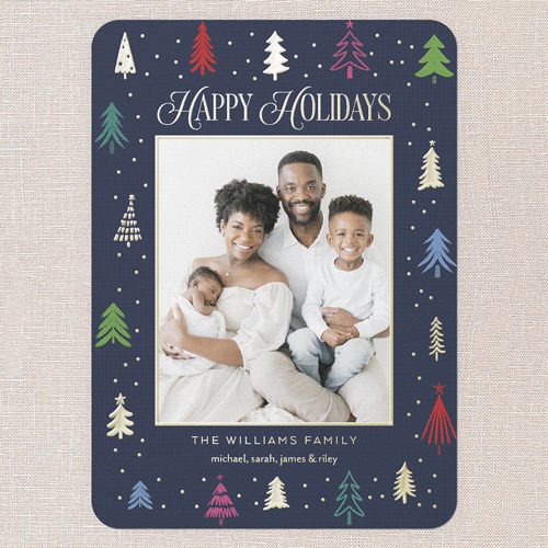 Festive Tree Border Holiday Card, Blue, Gold Foil, 5x7, Holiday, Matte, Personalized Foil Cardstock, Rounded, Nautical
