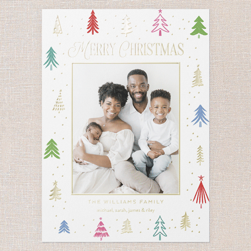 Festive Tree Border Holiday Card, Gold Foil, White, 5x7, Christmas, Matte, Personalized Foil Cardstock, Square, White