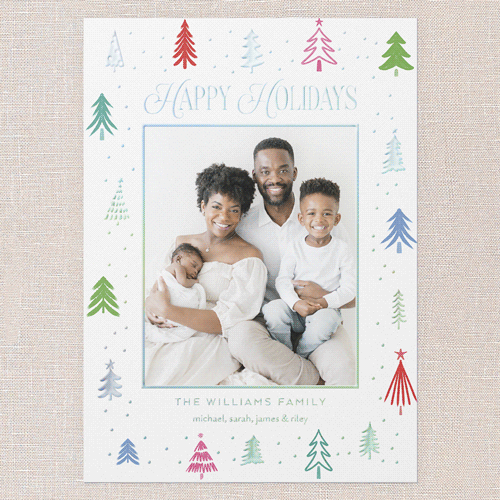 Festive Tree Border Holiday Card, White, Iridescent Foil, 5x7, Holiday, Matte, Personalized Foil Cardstock, Square, White