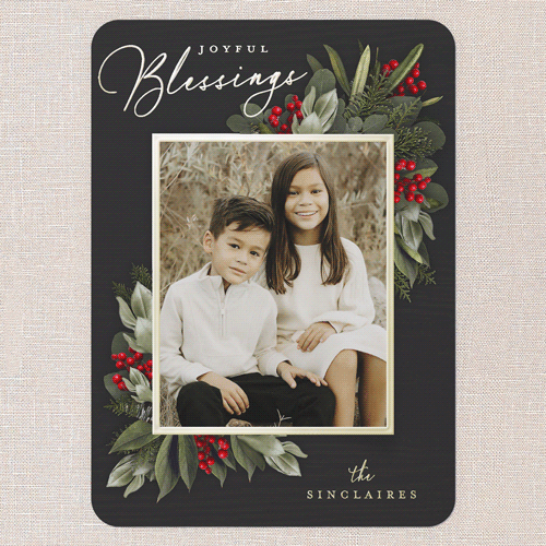 Golden Botanical Holiday Card, Gold Foil, Black, 5x7, Religious, Matte, Personalized Foil Cardstock, Rounded, Black