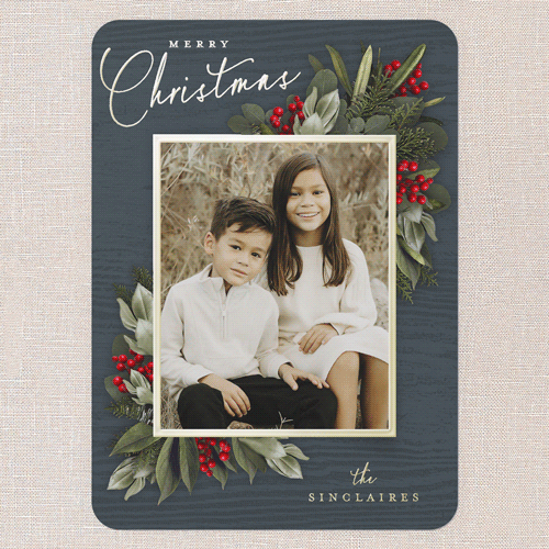 Golden Botanical Holiday Card, Gold Foil, Blue, 5x7, Christmas, Matte, Personalized Foil Cardstock, Rounded, Blue