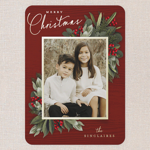 Golden Botanical Holiday Card, Gold Foil, Red, 5x7, Christmas, Matte, Personalized Foil Cardstock, Rounded, Red