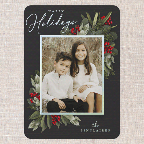 Golden Botanical Holiday Card, Iridescent Foil, Black, 5x7, Holiday, Matte, Personalized Foil Cardstock, Rounded, Black