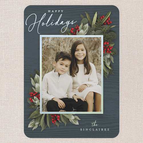 Golden Botanical Holiday Card, Blue, Iridescent Foil, 5x7, Holiday, Matte, Personalized Foil Cardstock, Rounded, Blue