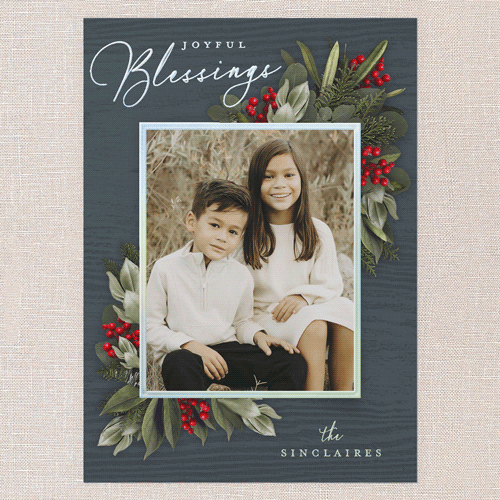 Golden Botanical Holiday Card, Iridescent Foil, Blue, 5x7, Religious, Matte, Personalized Foil Cardstock, Square, Blue