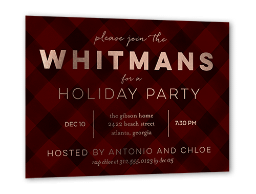 Plaid Party Holiday Invitation Card, Red, Rose Gold Foil, 5x7, Matte, Personalized Foil Cardstock, Square