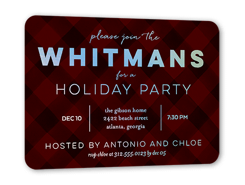 Plaid Party Holiday Invitation Card, Red, Iridescent Foil, 5x7, Matte, Personalized Foil Cardstock, Rounded