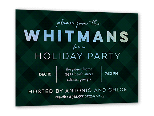 Plaid Party Holiday Invitation Card, Iridescent Foil, Green, 5x7, Matte, Personalized Foil Cardstock, Square, White