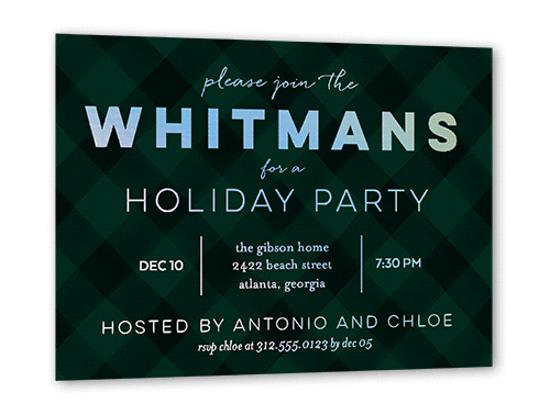 Plaid Party Holiday Invitation Card, Iridescent Foil, Green, 5x7, Matte, Personalized Foil Cardstock, Square