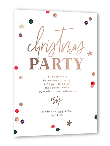 Painted Confetti Party Holiday Invitation, White, Rose Gold Foil, 5x7, Matte, Personalized Foil Cardstock, Square