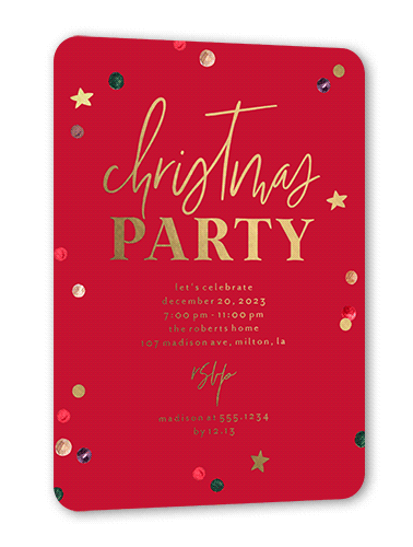 Painted Confetti Party Holiday Invitation, Red, Gold Foil, 5x7, Matte, Personalized Foil Cardstock, Rounded, Winterberry