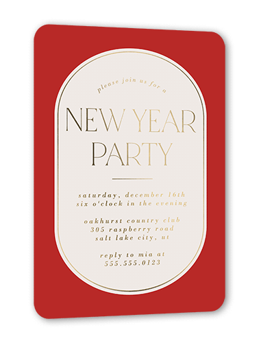 Modern Deco Joy Holiday Invitation, Red, Gold Foil, 5x7, New Year, Matte, Personalized Foil Cardstock, Rounded