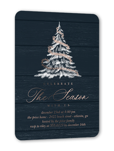 Tree Glow Holiday Invitation, Rose Gold Foil, Blue, 5x7, Christmas, Matte, Personalized Foil Cardstock, Rounded, Midnight