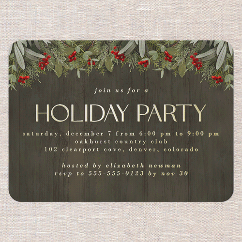 Merry Evergreen Holiday Invitation, Brown, Gold Foil, 5x7, Holiday, Matte, Personalized Foil Cardstock, Rounded