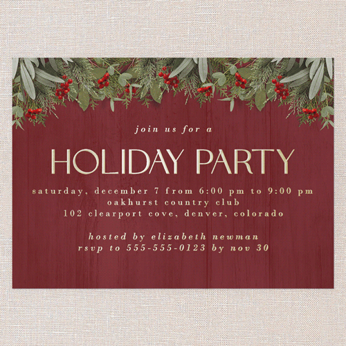 Merry Evergreen Holiday Invitation, Red, Gold Foil, 5x7, Holiday, Matte, Personalized Foil Cardstock, Square, Red