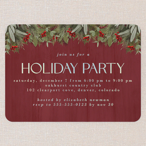 Merry Evergreen Holiday Invitation, Red, Iridescent Foil, 5x7, Holiday, Matte, Personalized Foil Cardstock, Rounded, Red