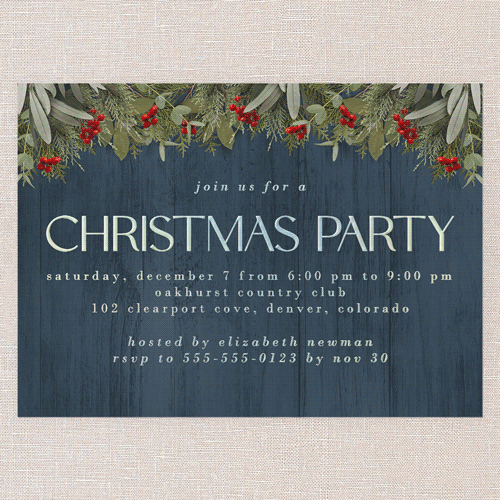 Merry Evergreen Holiday Invitation, Blue, Iridescent Foil, 5x7, Christmas, Matte, Personalized Foil Cardstock, Square, Blue
