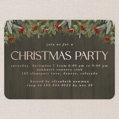 Merry Evergreen Holiday Invitation, Brown, Rose Gold Foil, 5x7, Christmas, Matte, Personalized Foil Cardstock, Rounded