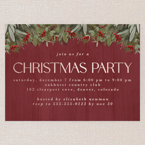 Merry Evergreen Holiday Invitation, Red, Rose Gold Foil, 5x7, Christmas, Matte, Personalized Foil Cardstock, Square, Red