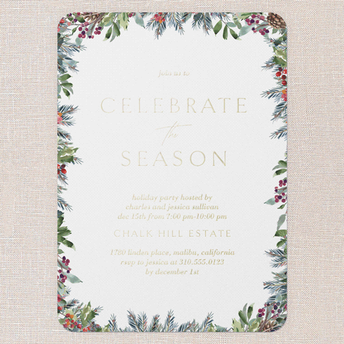 Evergreen Trim Holiday Invitation, White, Gold Foil, 5x7, Holiday, Matte, Personalized Foil Cardstock, Rounded, White