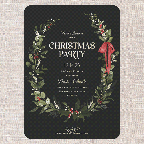 Ribbon Welcome Holiday Invitation, Gold Foil, Black, 5x7, Christmas, Matte, Personalized Foil Cardstock, Rounded, Black