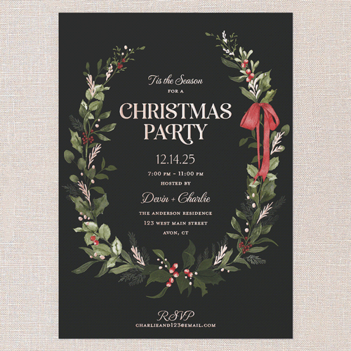 Ribbon Welcome Holiday Invitation, Rose Gold Foil, Black, 5x7, Christmas, Matte, Personalized Foil Cardstock, Square, Black