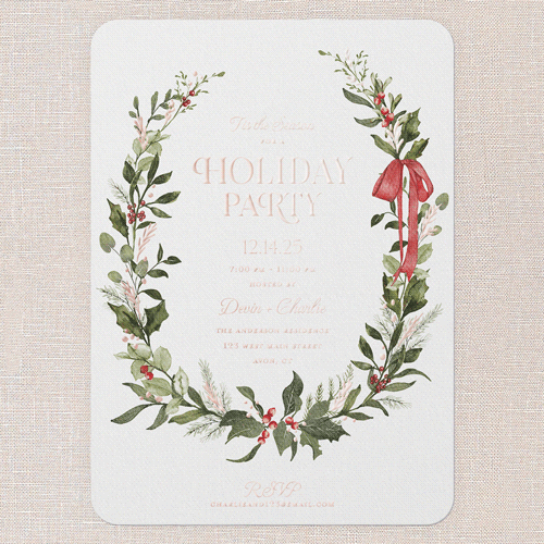 Ribbon Welcome Holiday Invitation, Rose Gold Foil, White, 5x7, Holiday, Matte, Personalized Foil Cardstock, Rounded, White