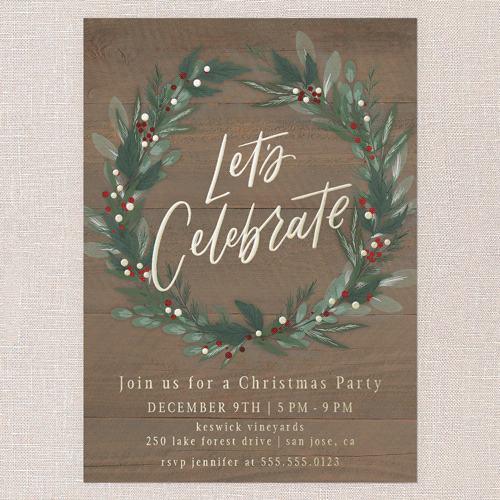 Cheerful Wreath Holiday Invitation, Gold Foil, Brown, 5x7, Christmas, Matte, Personalized Foil Cardstock, Square, Clove