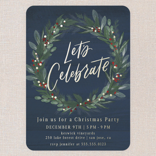 Cheerful Wreath Holiday Invitation, Gold Foil, Blue, 5x7, Christmas, Matte, Personalized Foil Cardstock, Rounded, Indigo