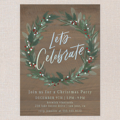 Cheerful Wreath Holiday Invitation, Iridescent Foil, Brown, 5x7, Christmas, Matte, Personalized Foil Cardstock, Square, Clove