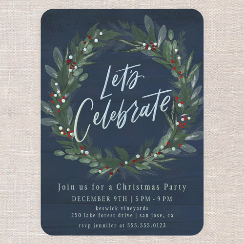 Cheerful Wreath Holiday Invitation, Iridescent Foil, Blue, 5x7, Christmas, Matte, Personalized Foil Cardstock, Rounded, Indigo