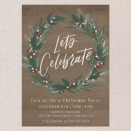 Cheerful Wreath Holiday Invitation, Rose Gold Foil, Brown, 5x7, Christmas, Matte, Personalized Foil Cardstock, Square, Clove