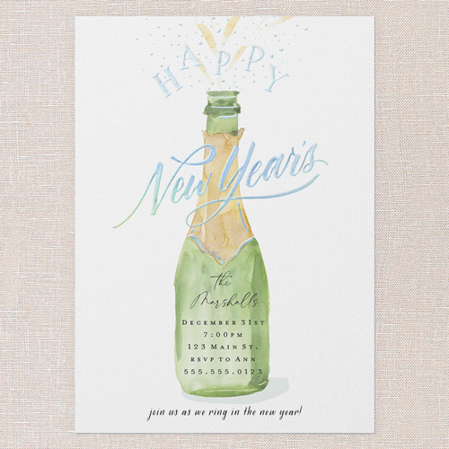 Champagne Splash Holiday Invitation, White, Iridescent Foil, 5x7, New Year, Matte, Personalized Foil Cardstock, Square, White