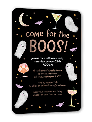 Come for the Boos Halloween Invitation, Black, Rose Gold Foil, 5x7, Matte, Personalized Foil Cardstock, Rounded, Black