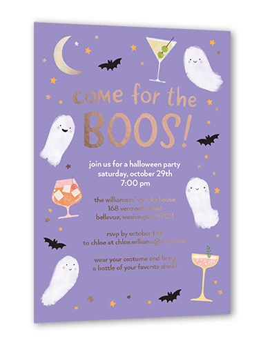 Come for the Boos Halloween Invitation, Purple, Rose Gold Foil, 5x7, Matte, Personalized Foil Cardstock, Square