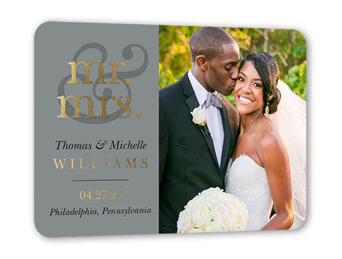 Classic Ampersand Wedding Announcement, Grey, Gold Foil, 5x7, Matte, Personalized Foil Cardstock, Rounded, Cement