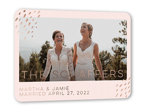 Blissful Confetti Wedding Announcement, Rose Gold Foil, Pink, 5x7, Matte, Personalized Foil Cardstock, Rounded