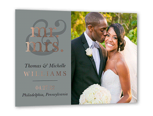 Classic Ampersand Wedding Announcement, Rose Gold Foil, Grey, 5x7, Matte, Personalized Foil Cardstock, Square