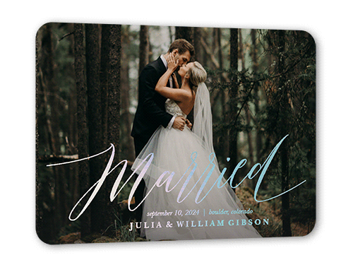 Wedded Love Wedding Announcement, Iridescent Foil, White, 5x7, Matte, Personalized Foil Cardstock, Rounded