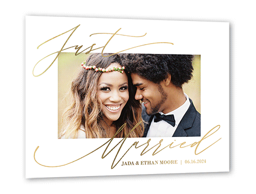 Script Form Wedding Announcement, Gold Foil, White, 5x7, Matte, Personalized Foil Cardstock, Square