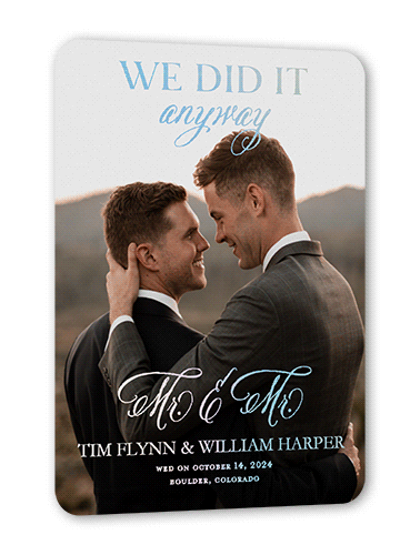 We Did It Anyway Mr Wedding Announcement, Black, Iridescent Foil, 5x7, Matte, Personalized Foil Cardstock, Rounded, Black
