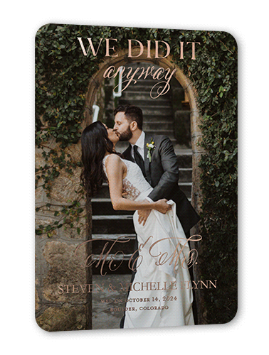 We Did It Anyway Wedding Announcement, Black, Rose Gold Foil, 5x7, Matte, Personalized Foil Cardstock, Rounded