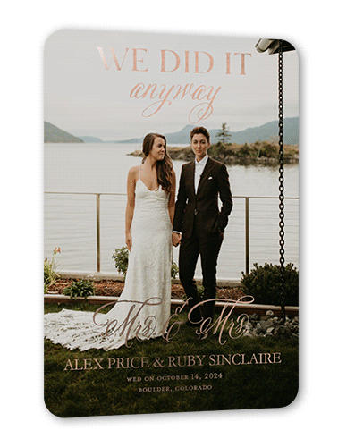 We Did It Anyway Mrs Wedding Announcement, Rose Gold Foil, Black, 5x7, Matte, Personalized Foil Cardstock, Rounded, Black